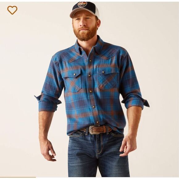 Ariat Retro Fit Long Sleeve Shirt Blue Western Cowboy Men Size Medium Plaid - Picture 1 of 9